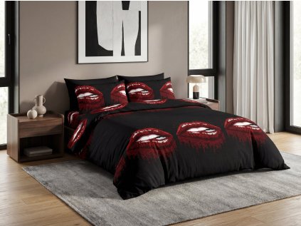 Povlečení z mikrovlákna ROUGEA černé s výrazným motivem červených rtů