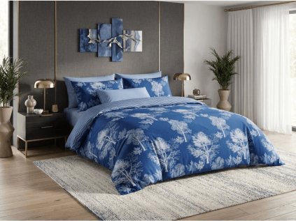 Bavlněné povlečení CALMYRA modré s motivem stromů a klidným přírodním vzorem