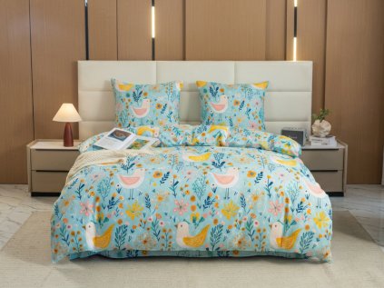 Povlečení z mikrovlákna SPRING TWEET barevné s jarním motivem ptáčků
