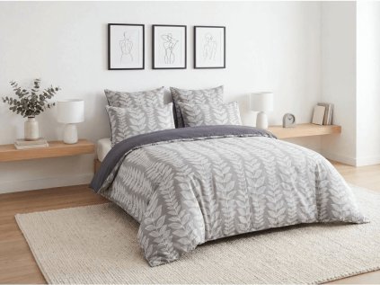 Mikroflanelové povlečení KAVOLO šedé s jemným listovým vzorem