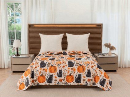 Přehoz na postel CATS AND PUMPKINS, barevný s černou kočkou a dýněmi