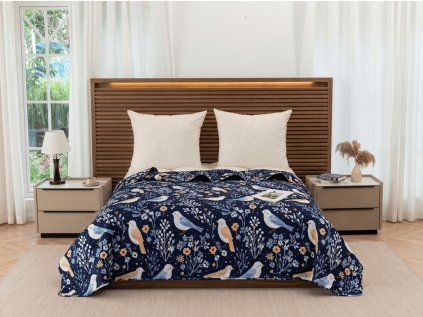 Přehoz na postel DENIM BIRDS, modrý s motivem ptáčků a květin