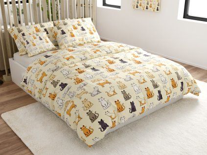 Hravé polybavlněné povlečení COLORED CATS POLY krémové s kočičím motivem
