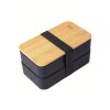 Moderní svačinový box DUO LUNCH černý/bambus s příborem a páskou