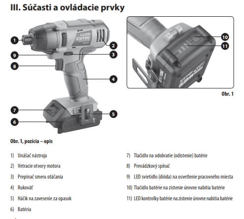 súčiastky a ovládacie prvky pre Rázový uťahovák aku šesťhran na bity 2Ah Li-ion Share20V 1/4"