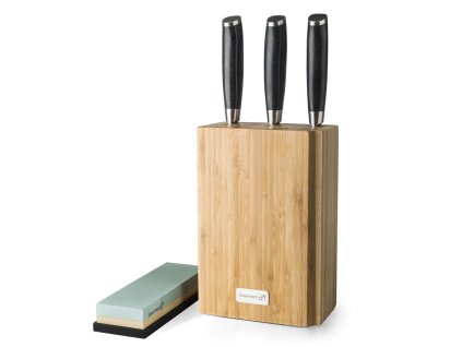 Sada nožov Gourmet Damascus v bambusovom bloku 3 ks + brúsny kameň