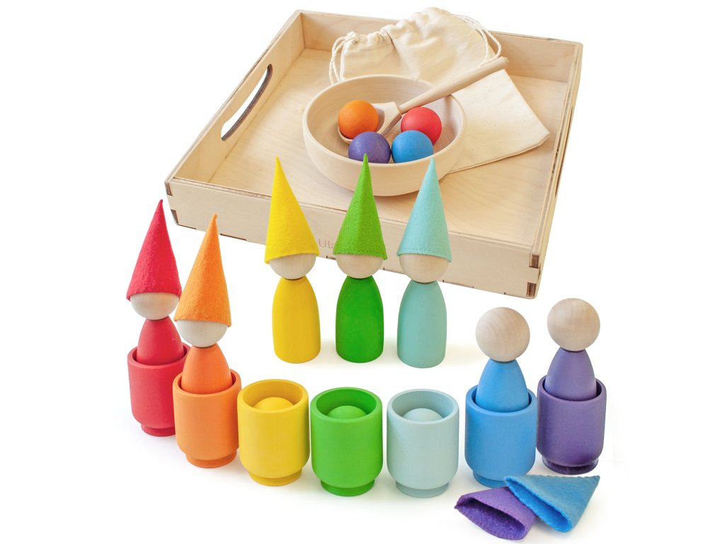 Rainbow Peg Dolls and Balls in Cups Montessori Toy Wooden Sorter Game