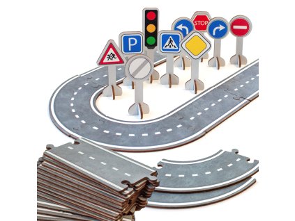 Wooden puzzle road additional elements and traffic signs