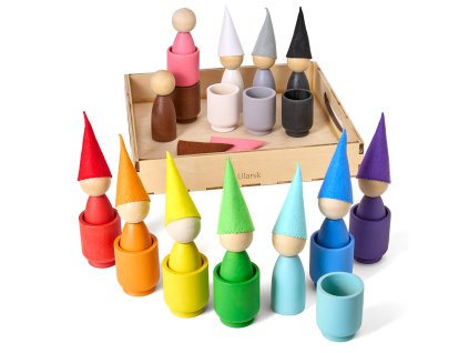 Large Peg Dolls with Cups and Hats Montessori Toy Wooden Sorter Game 12 Gnomes 85 mm