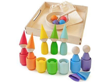 Montessori dřevěná hračka „Rainbow: Peg Dolls in Cups with Hats and Balls‟