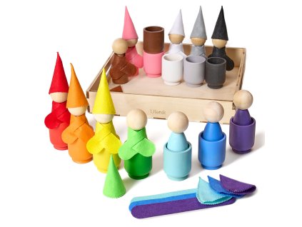 Large Peg Dolls with Cups, Scarfs, and Hats Montessori Toy Wooden Sorter Game