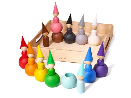 Peg Dolls with Hats in a Ball Montessori Toy Wooden Sorter Game 12 Gnomes 60 mm