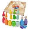 Montessori-Spielzeug „Regenbogen Steckpuppen in Tassen mit Zipfelmützen und Bällen‟