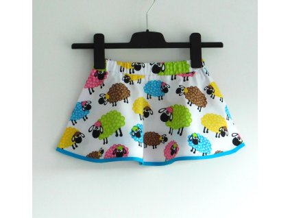 Půlkolová sukně barevné ovečky s tyrkysovým proužkem