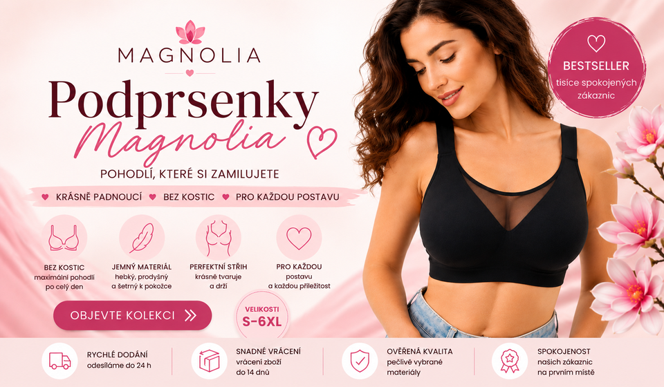 Hlavní banner představuje podprsenky Magnolia s oblíbeným střihem se síťkou. Propaguje pohodlné podprsenky bez kostic, jemný materiál a dostupné velikosti S–6XL.