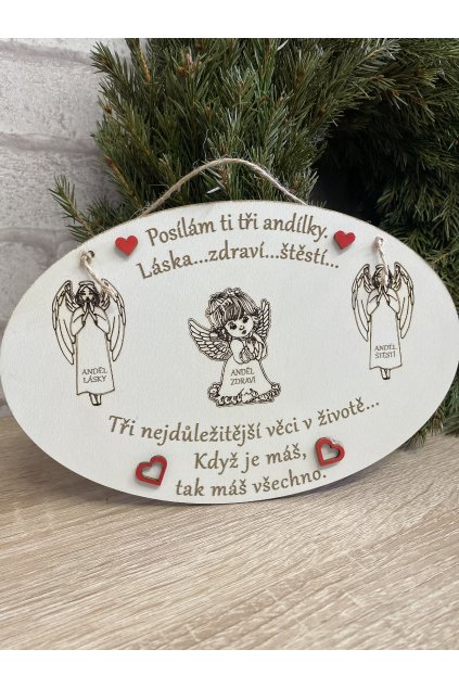 Dřevěná cedule oválná 23x15cm - Posílám ti tři andílky