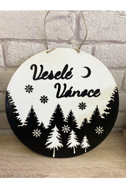 Dřevěná cedule kulatá,stromy 26cm - Veselé Vánoce