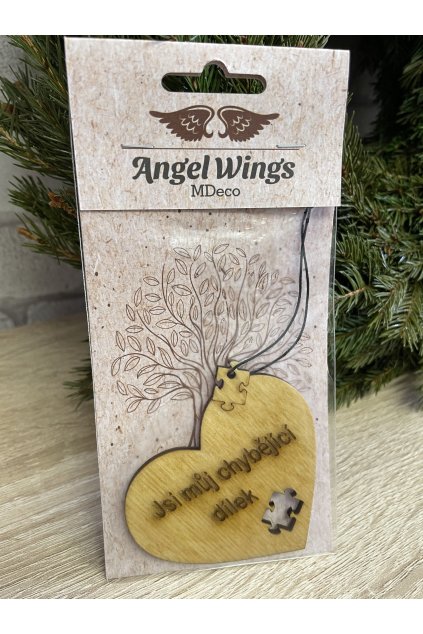Dřevěná vůně 17x8cm angel wings - Srdce jsi můj chybějící dílek