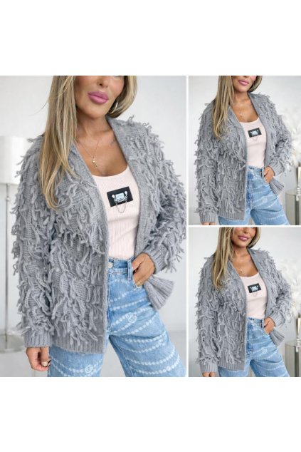 Pletený cardigan střapatý, šedý, UNI vel. 38-46