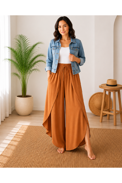 Dámské široké oversize kalhoty, camel,  UNI 44-54