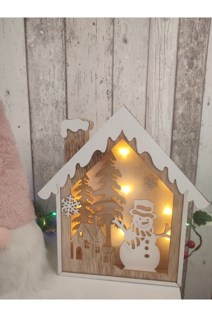 Dřevěná svítící LED dekorace 30 cm,  Domeček Sněhulák