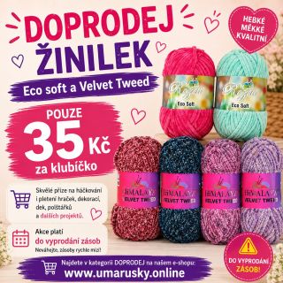 🎉 DOPRODEJ ŽINILEK ZA SKVĚLOU CENU! 🎉 Máme pro vás doprodej oblíbených přízí: 🧶 Velvet Tweed 🧶 Eco Soft 💜 Pouze 35 Kč za...