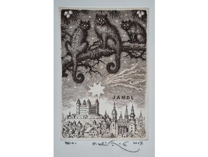 Peter Klúčik - ex libris Jandl - Mačky nad Bratislavou