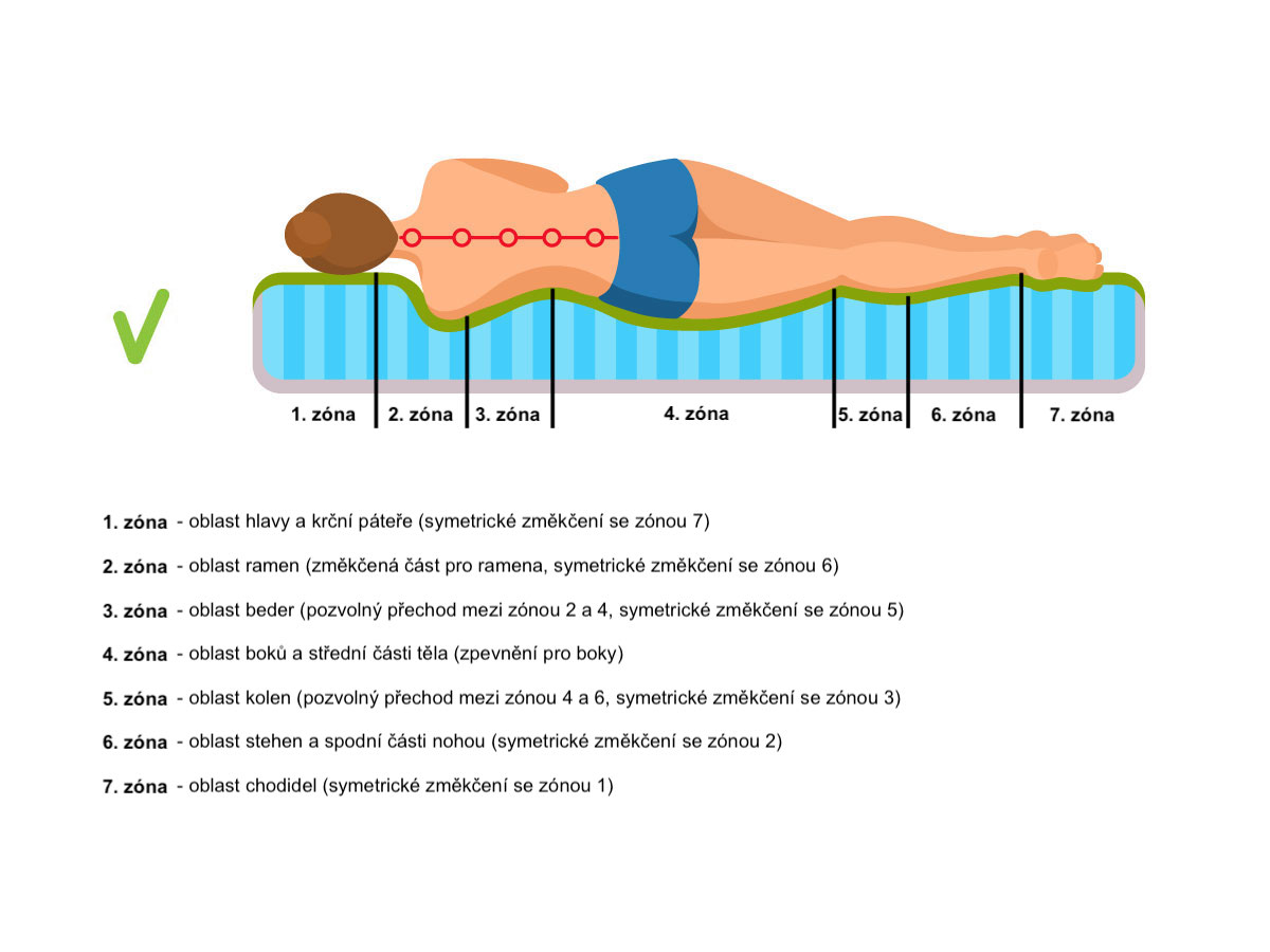 Anatomické zóny matrace – znázornění rozložení podpory těla