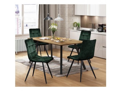 Jídelní stůl BERGEN dub + 4 židle BERGEN zelený samet