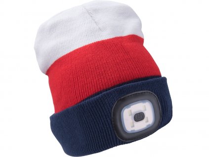 Čepice s čelovkou 4 × 45 lm, USB nabíjení, bílá/červená/modrá, univerzální velikost