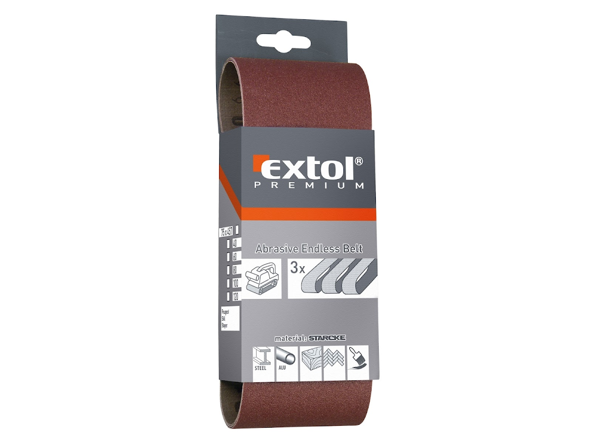 EXTOL PREMIUM Brusné pásy 75×457 mm – zrnitost P120, sada 3 ks 8803512
