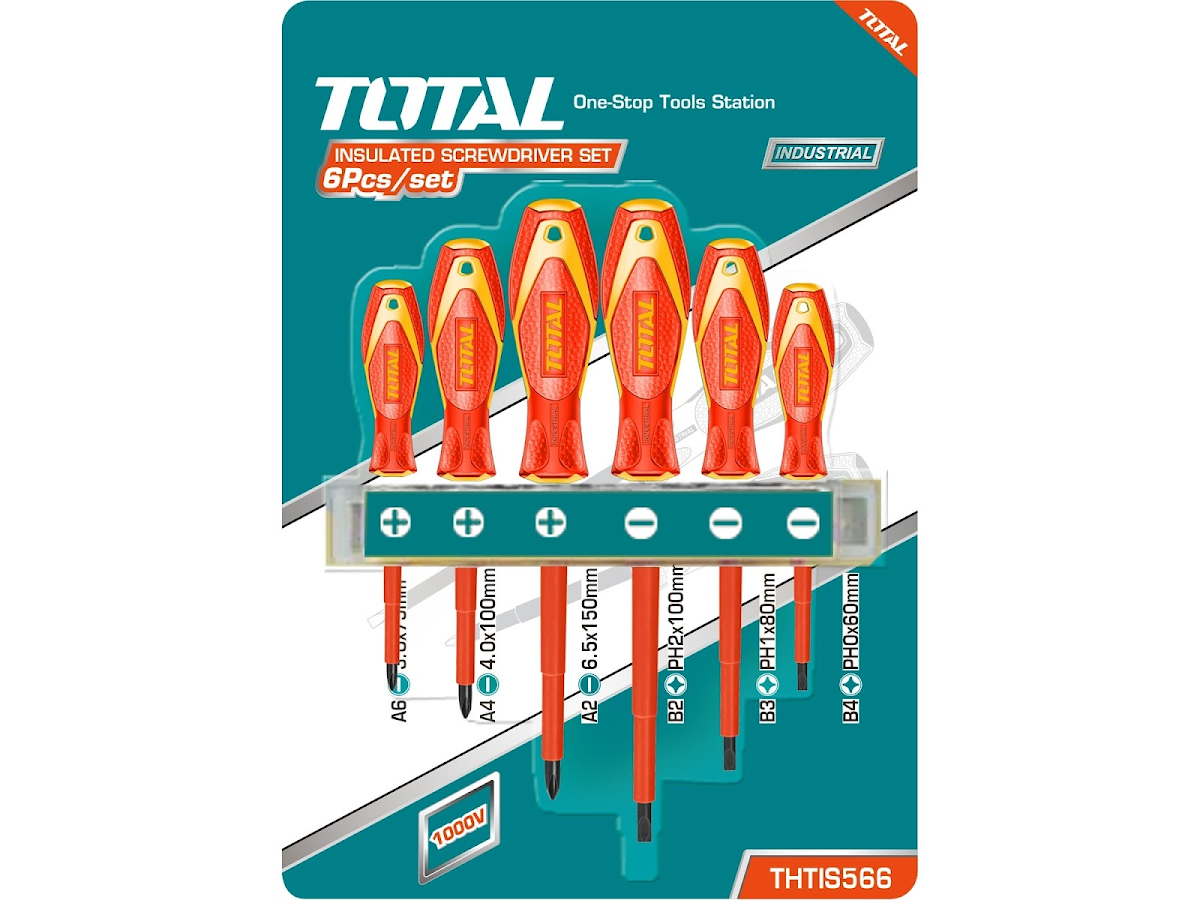 TOTAL Šroubováky, sada 6 ks, 1000 V, VDE, industrial, (-) 3 ks, PH 3 ks, CrV THTIS566
