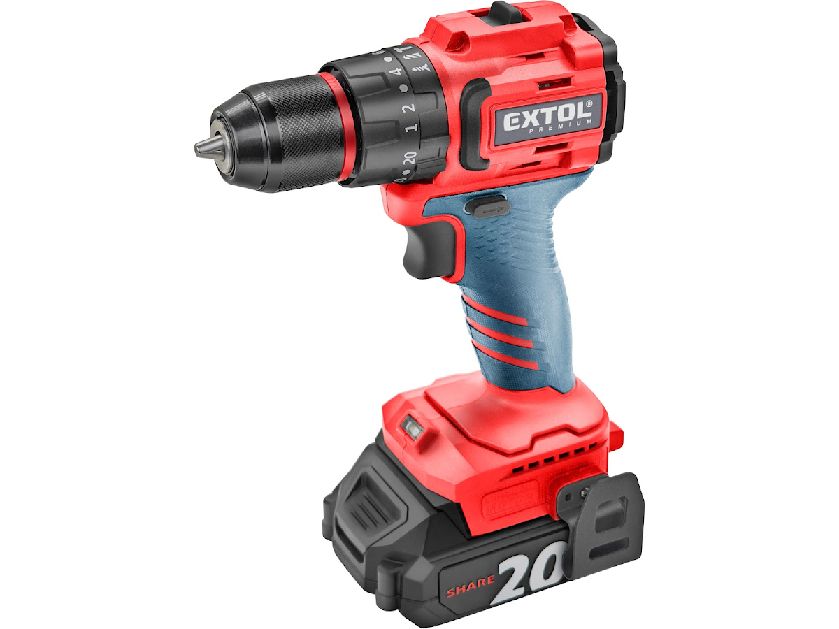 Levně Vrtací šroubovák aku s příklepem SHARE20V, BRUSHLESS, 2Ah, EXTOL PREMIUM 8891808