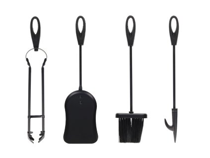 Werkzeuge Kamin. H.61 cm, schwarzes Metall, 4-tlg. mit Standfuß