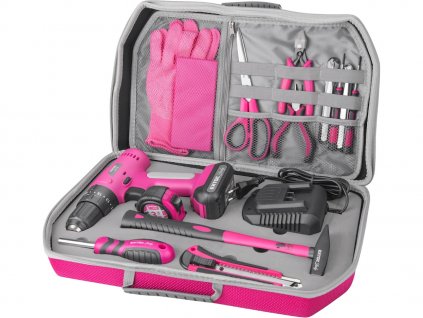 Baterie cu șurubelniță de foraj cu impact, roz, 12 V Li - ion, 2000 mAh, în carcasa sculei, set de 27 buc