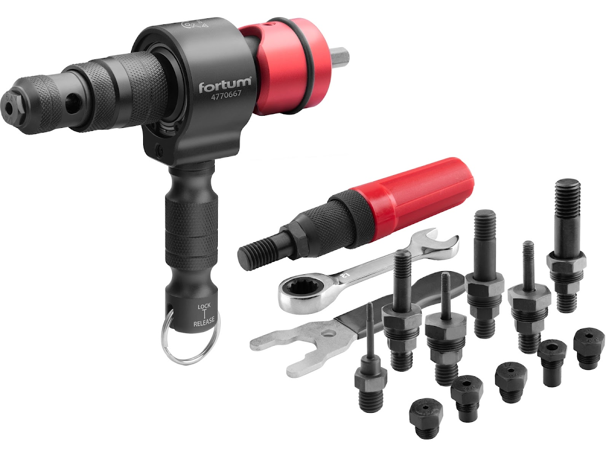 E-shop Fortum Nástavec nitovací na vŕtačku T-COMBO, sada pre matice M3 - M12 aj trh. nity 2,4 - 6,4 mm, CrMoV 4770667