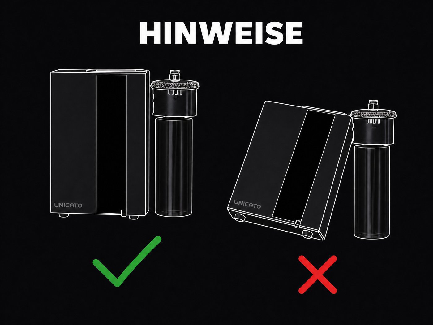 Hinweise zum TORI A1000: Diffusor senkrecht halten, nicht kippen