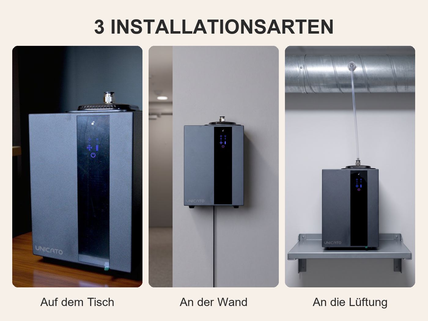 Drei Installationsarten des TORI A1000 – Tisch, Wand, Lüftungsanlage