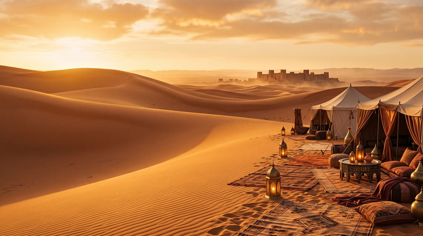Goldene Dünen der marokkanischen Sahara bei Sonnenuntergang