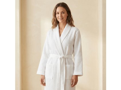 woman wearing white waffle bathrobe, wjth the background of creamy wall @White waffle bathrobe (2)
