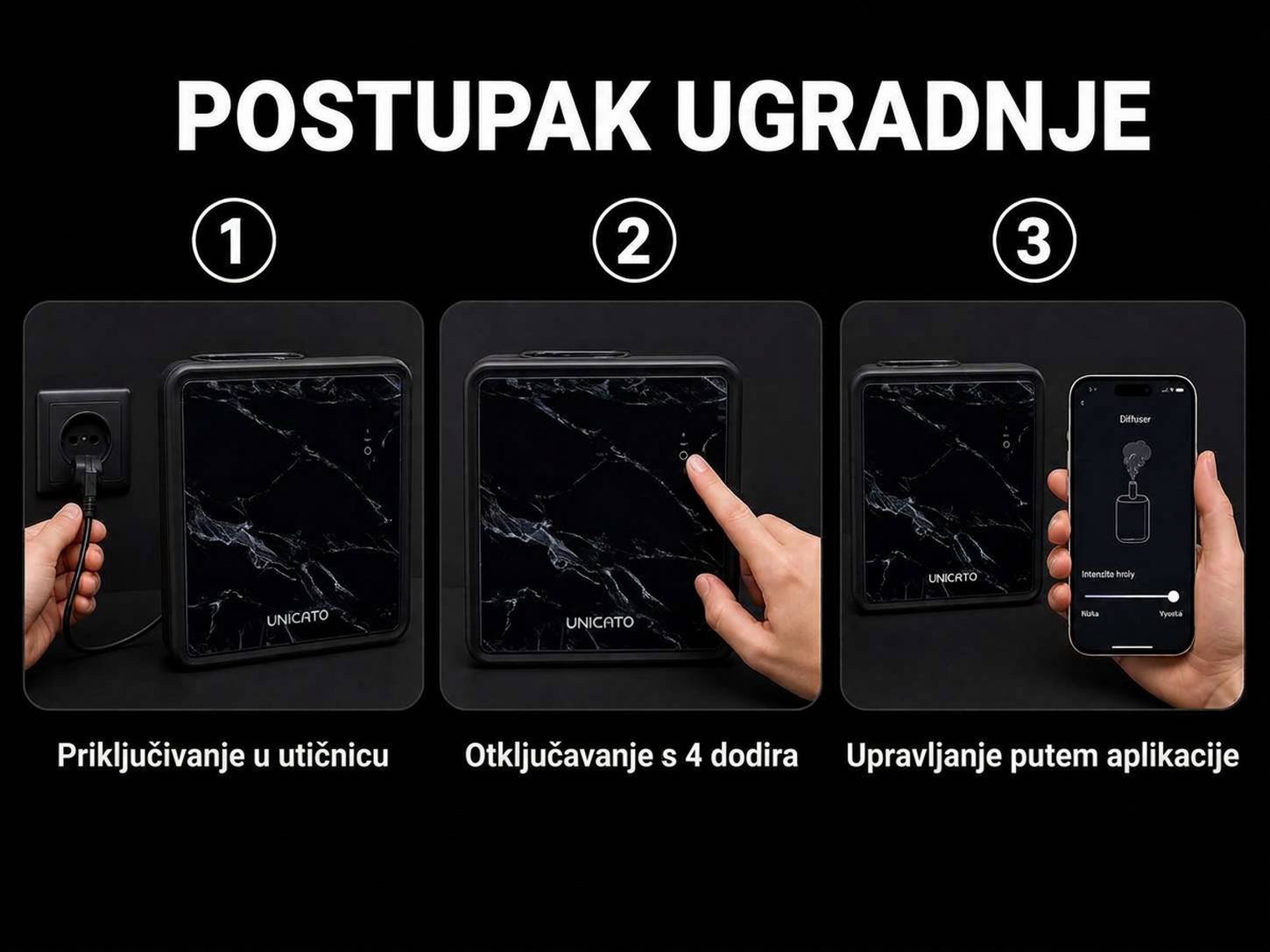 Koraci ugradnje MARBLE-L: uključivanje u utičnicu, otključavanje brave, upravljanje putem aplikacije