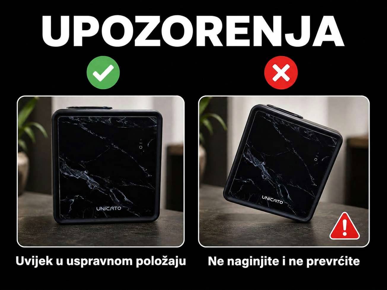 Upozorenja za MARBLE-M: difuzor držite u uspravnom položaju, ne naginjite ga