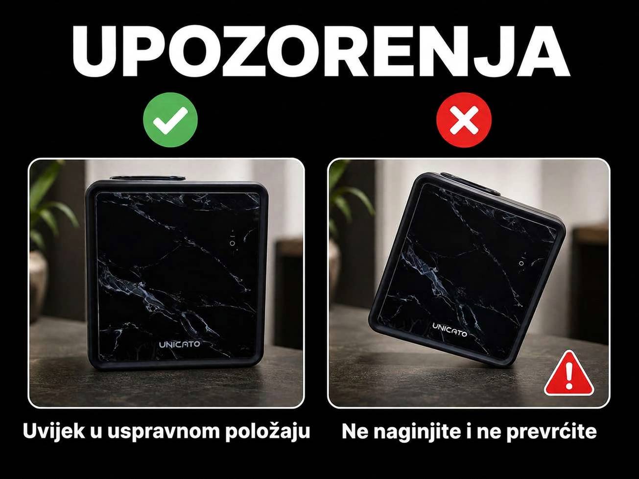 Upozorenja za MARBLE-S: difuzor držite u uspravnom položaju, ne naginjite ga