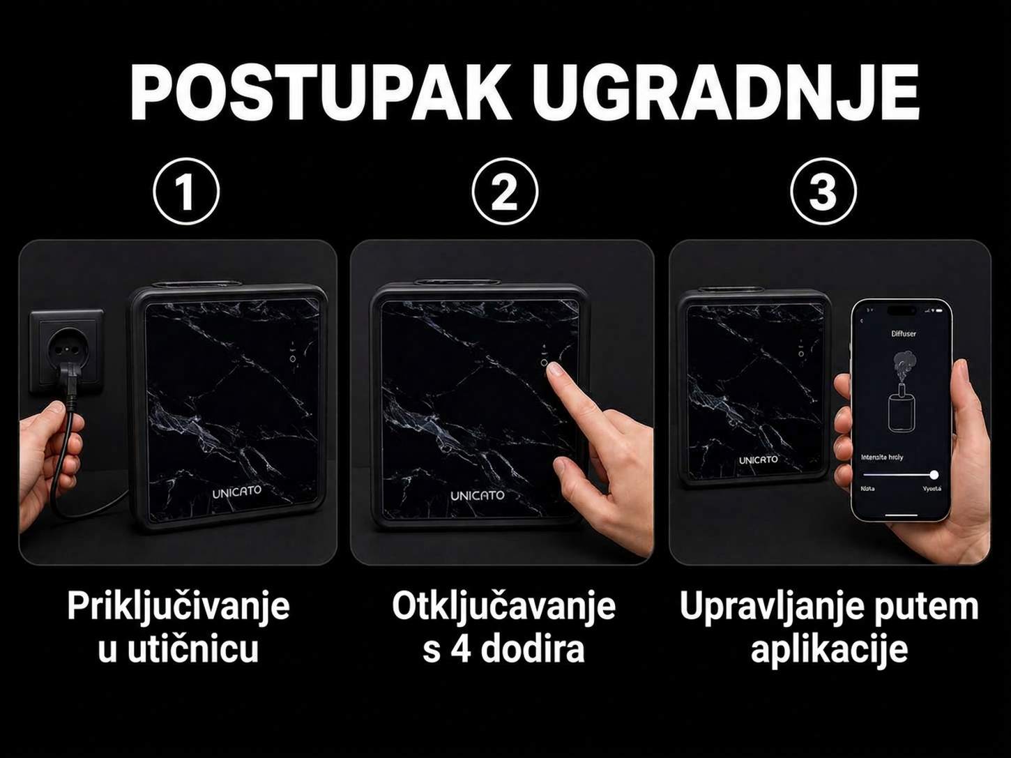 Koraci ugradnje MARBLE-S: uključivanje u utičnicu, otključavanje brave, upravljanje putem aplikacije