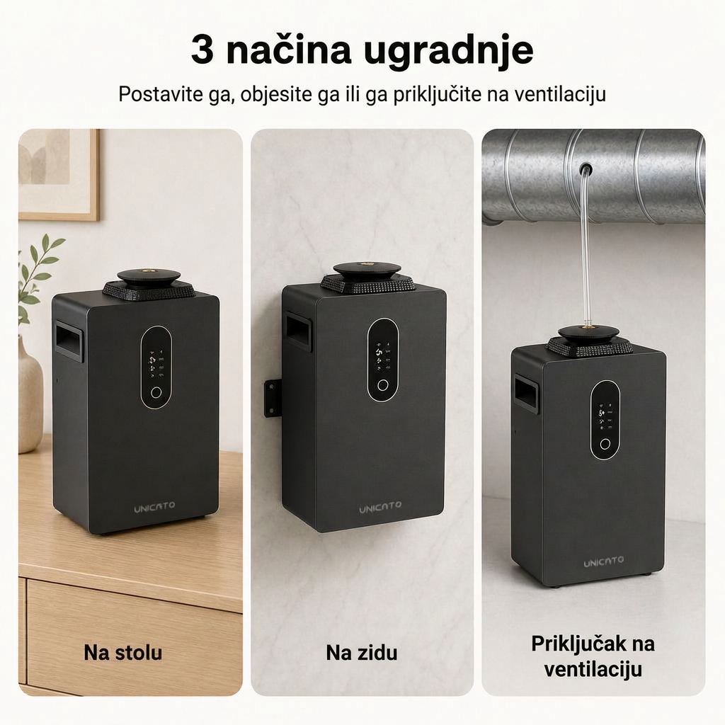 Q1000-PRO na stolu, na zidu i s priključkom na ventilaciju