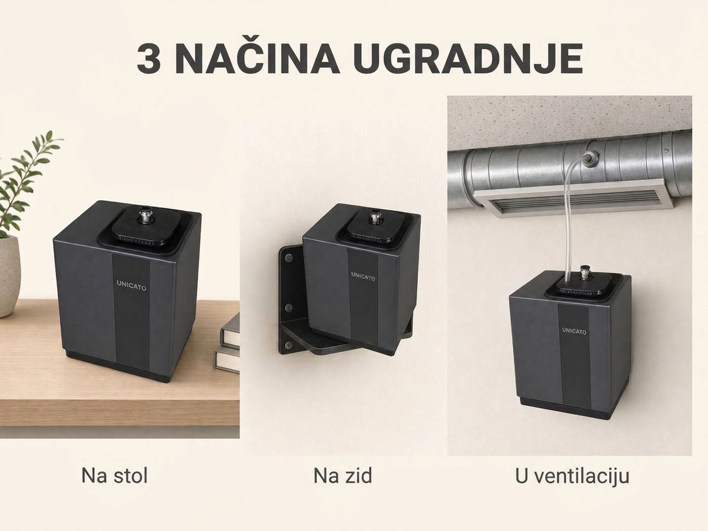 Tri načina instalacije TORI A1000 – na stol, na zid, u ventilaciju