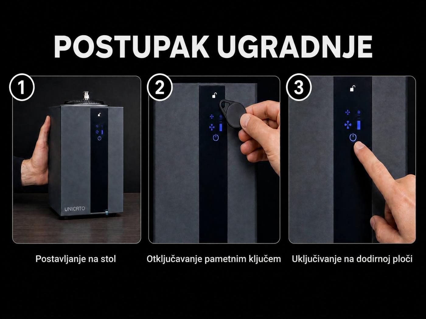 Koraci instalacije TORI A1000: postavljanje na stol, otključavanje inteligentnim ključem, uključivanje na dodirnoj ploči
