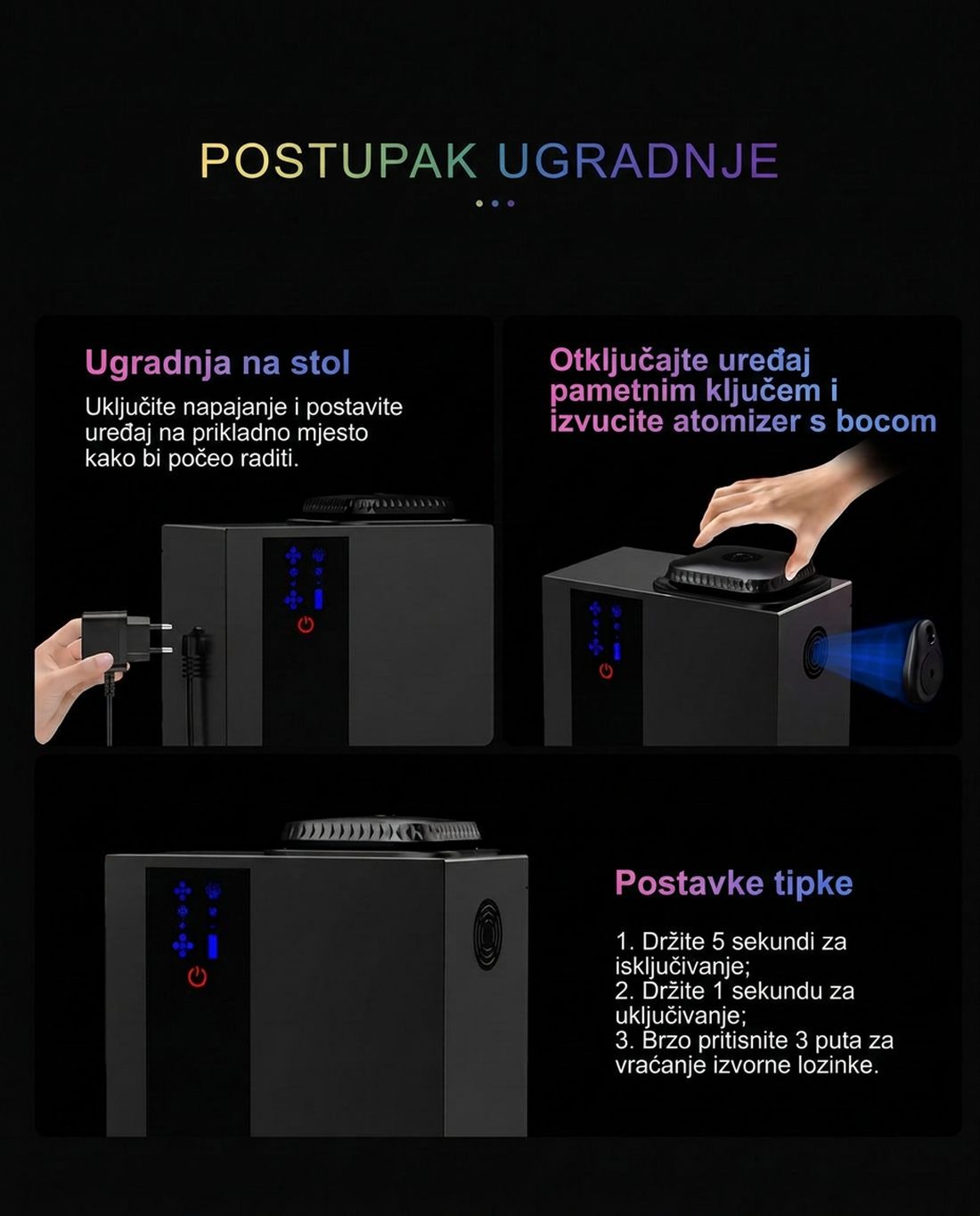 Koraci instalacije TORI A300: postavljanje na stol, otključavanje inteligentnim ključem, podešavanje prekidača