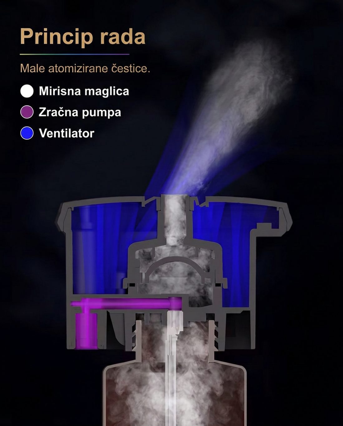 Princip rada: presjek raspršivačke glave s pumpom i ventilatorom