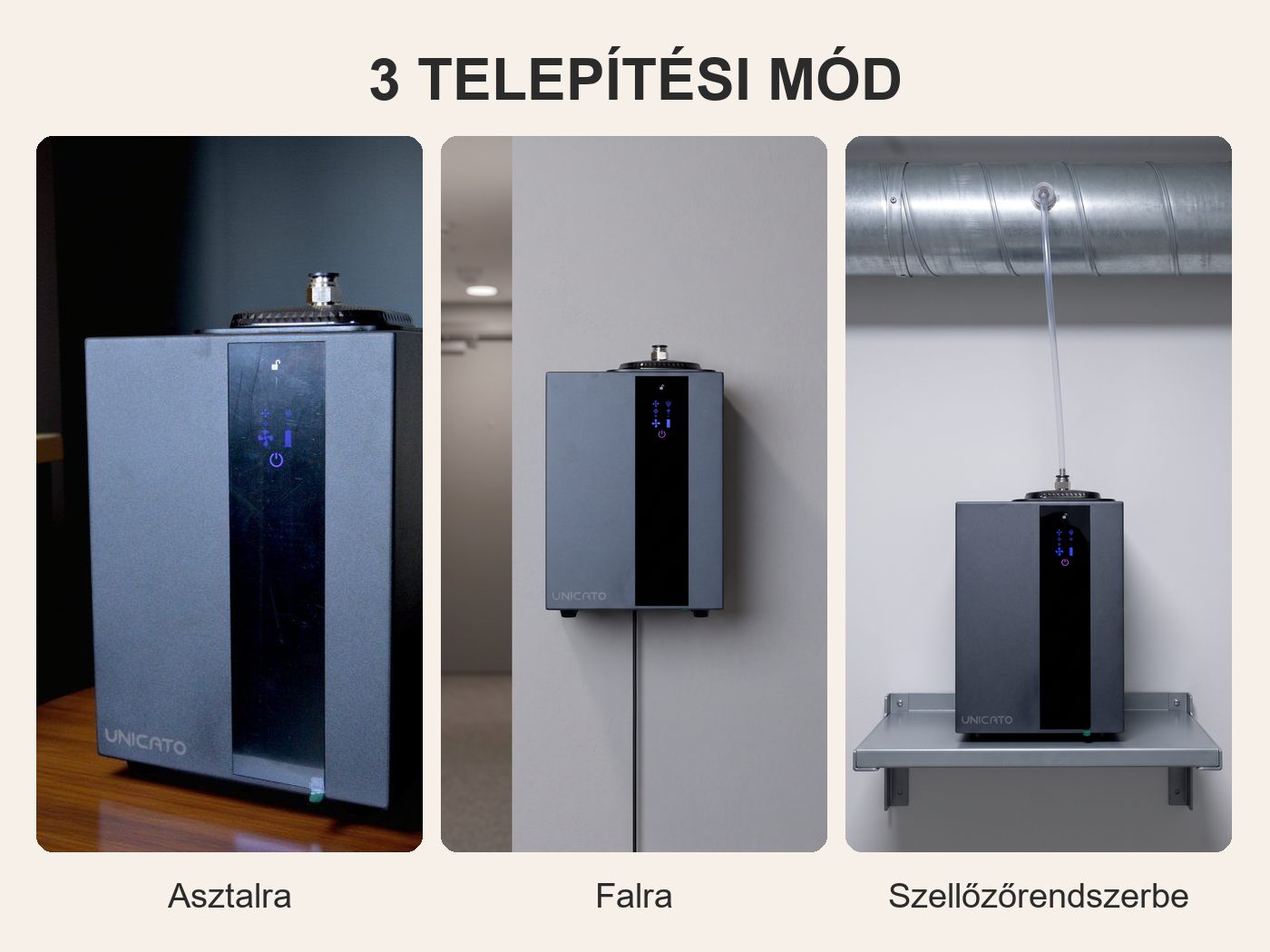 A TORI A1000 három telepítési módja – asztalra, falra, légtechnikába
